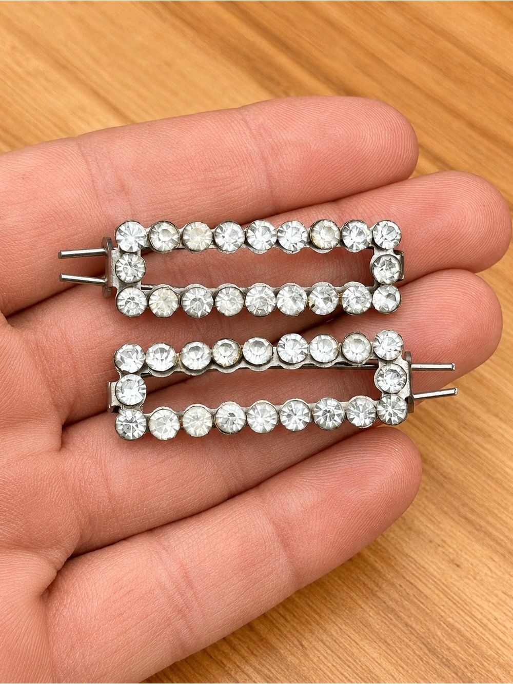Vintage Rhinestone Hair Clips Pair Silver Tone Rectangular Crystal Barrettes